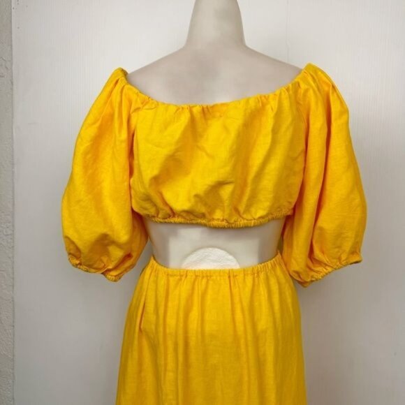 FARM RIO OFF THE SHOULDER KNOTTED CUTOUT MARIGOLD YELLOW MIDI DRESS MEDIUM - Picture 7 of 14